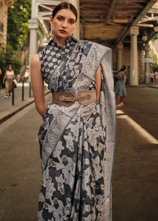 Anchor Grey Zari Handloom Woven Organza Silk Saree Clothsvilla