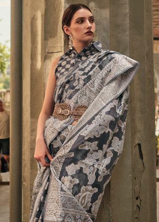 Anchor Grey Zari Handloom Woven Organza Silk Saree Clothsvilla