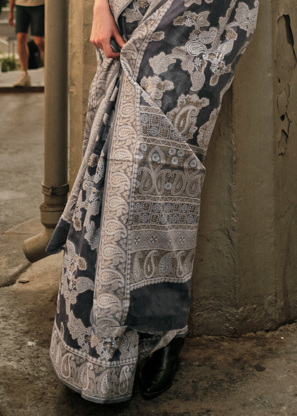 Anchor Grey Zari Handloom Woven Organza Silk Saree Clothsvilla