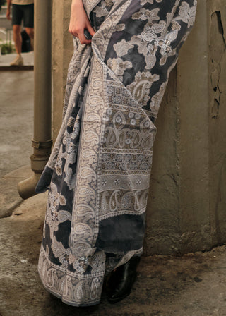 Anchor Grey Zari Handloom Woven Organza Silk Saree Clothsvilla
