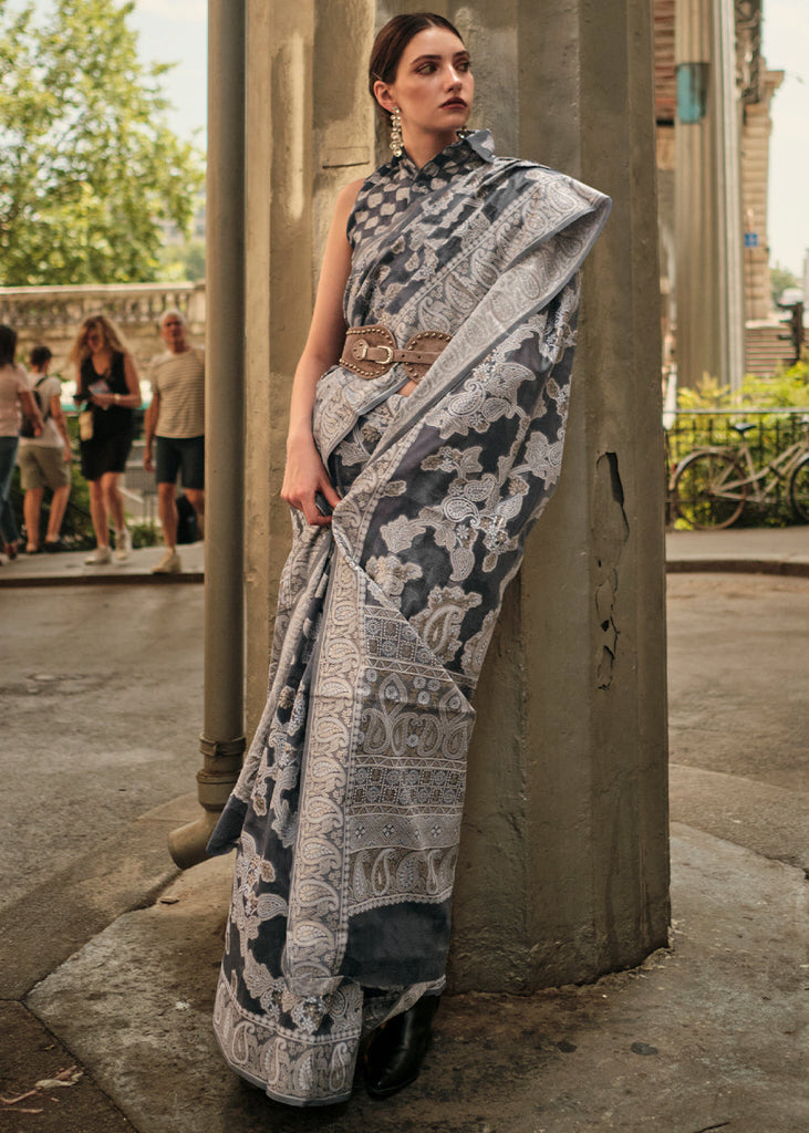Anchor Grey Zari Handloom Woven Organza Silk Saree Clothsvilla