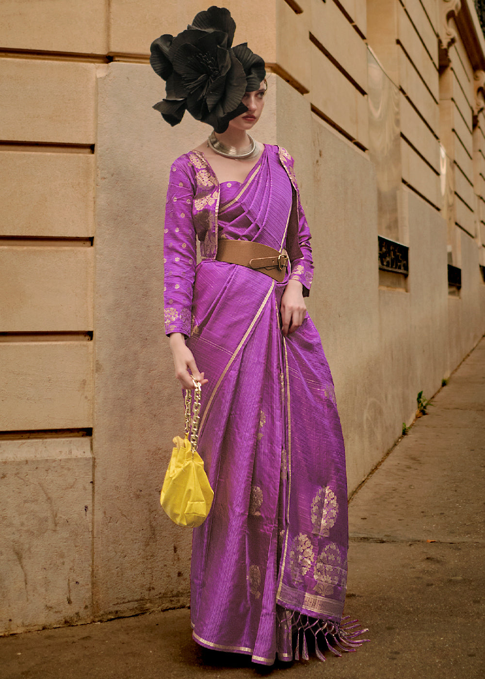 Neon Purple Zari Handloom Woven Satin Silk Saree Secondary image