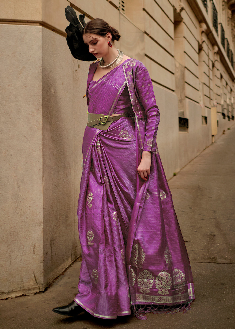 Neon Purple Zari Handloom Woven Satin Silk Saree Clothsvilla Main image