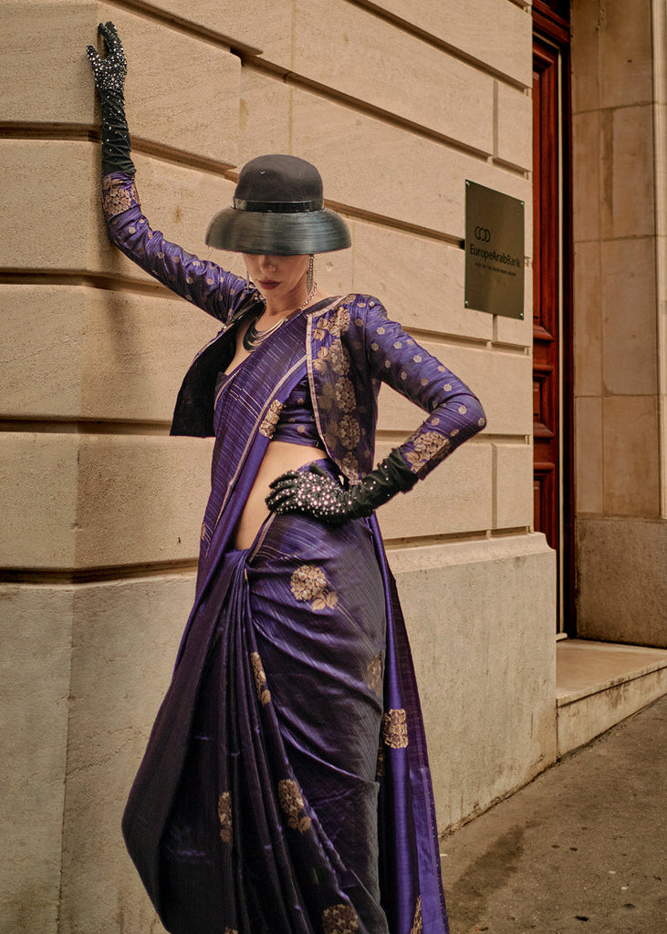 Indigo Purple Zari Handloom Woven Satin Silk Saree Clothsvilla