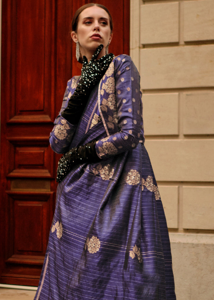 Indigo Purple Zari Handloom Woven Satin Silk Saree Clothsvilla