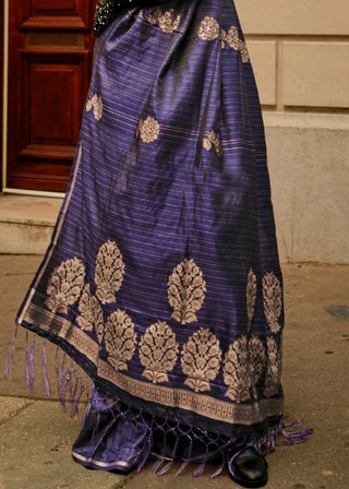 Indigo Purple Zari Handloom Woven Satin Silk Saree Clothsvilla