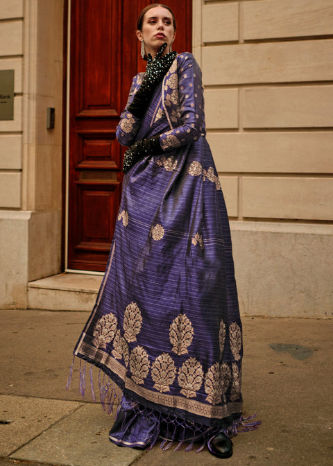 Indigo Purple Zari Handloom Woven Satin Silk Saree Clothsvilla Main image
