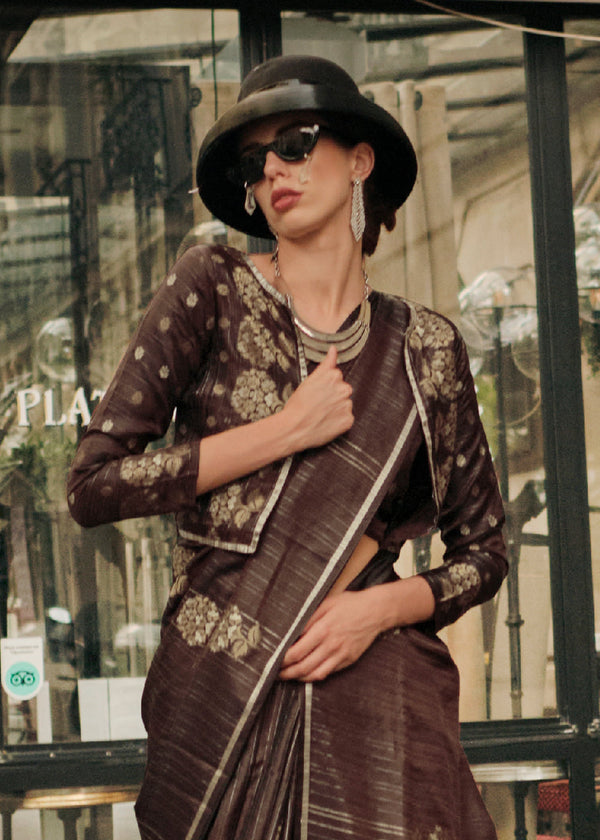 Mocha Brown Zari Handloom Woven Satin Silk Saree Clothsvilla