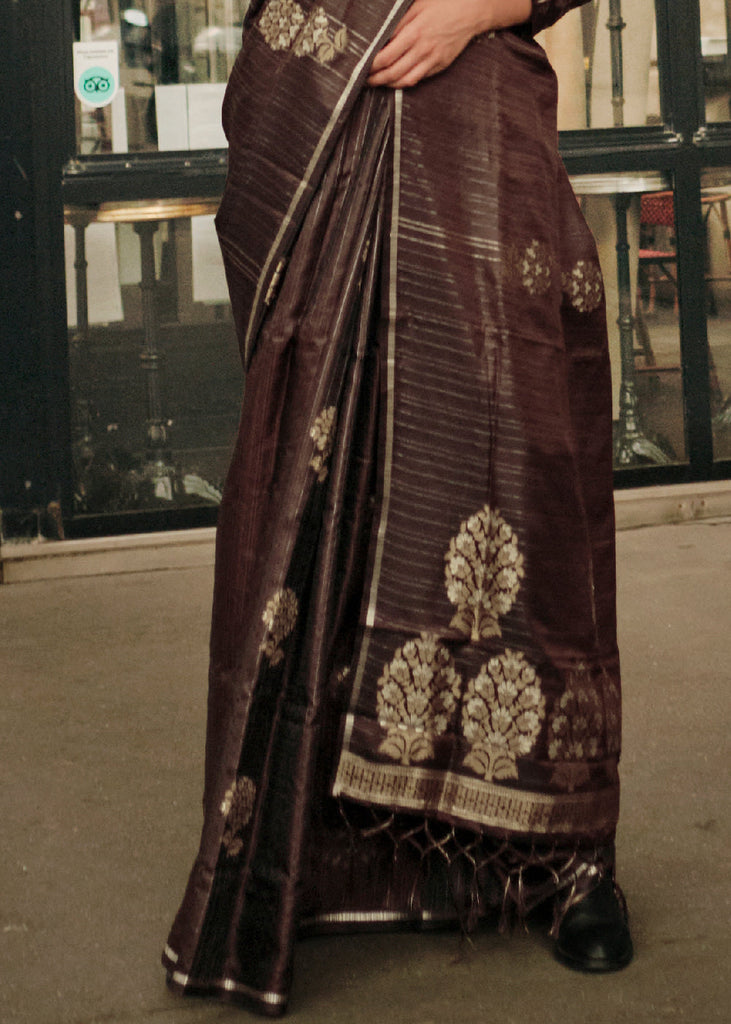 Mocha Brown Zari Handloom Woven Satin Silk Saree Clothsvilla