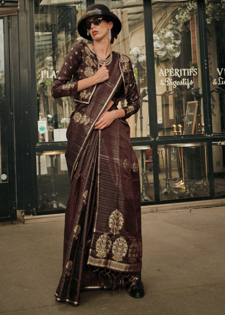 Mocha Brown Zari Handloom Woven Satin Silk Saree Clothsvilla