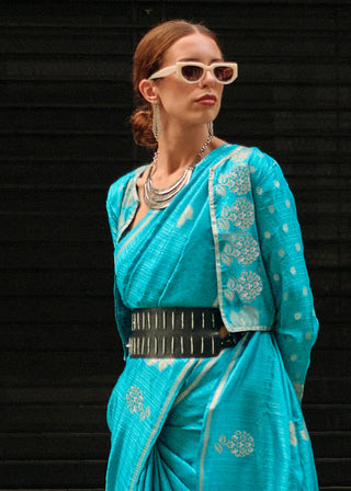 Cerulean Blue Zari Handloom Woven Satin Silk Saree Clothsvilla
