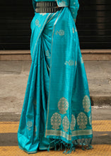 Load image into Gallery viewer, Cerulean Blue Zari Handloom Woven Satin Silk Saree Clothsvilla