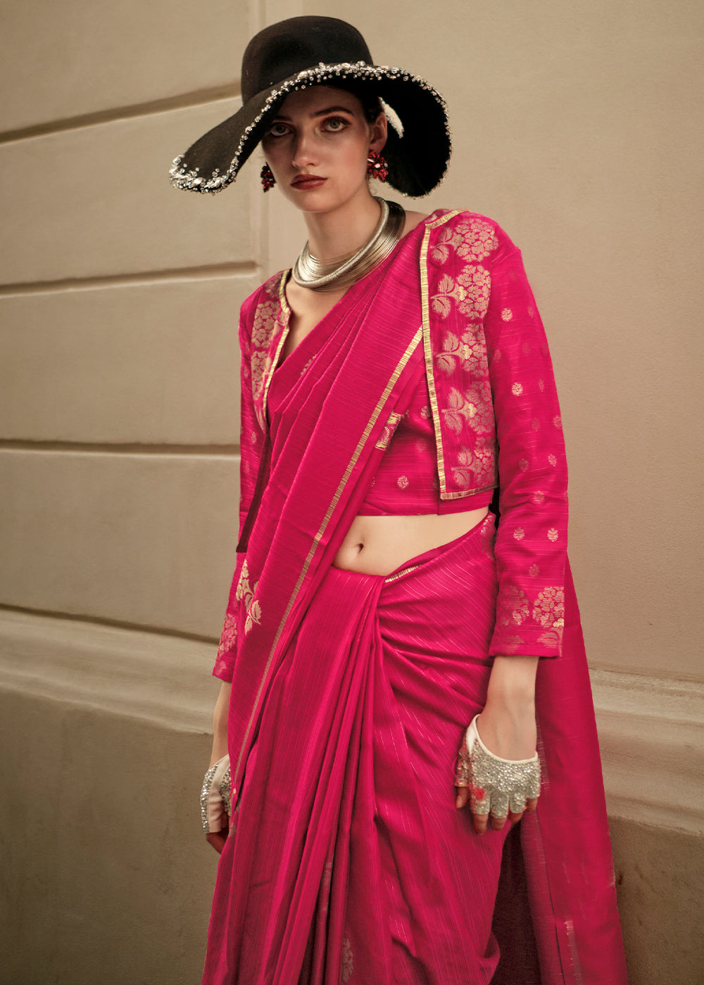 Cerise Pink Zari Handloom Woven Satin Silk Saree Secondary image