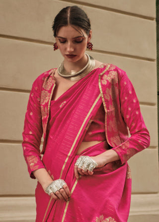 Cerise Pink Zari Handloom Woven Satin Silk Saree Clothsvilla