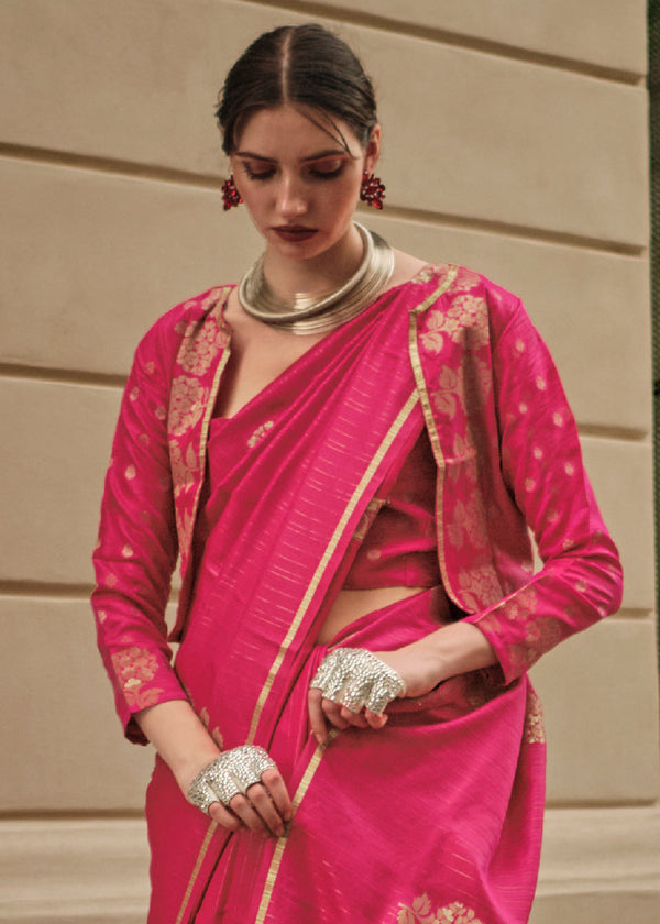 Cerise Pink Zari Handloom Woven Satin Silk Saree Clothsvilla