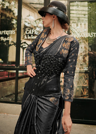 Pitch Black Zari Handloom Woven Satin Silk Saree Clothsvilla