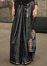 Load image into Gallery viewer, Pitch Black Zari Handloom Woven Satin Silk Saree Clothsvilla