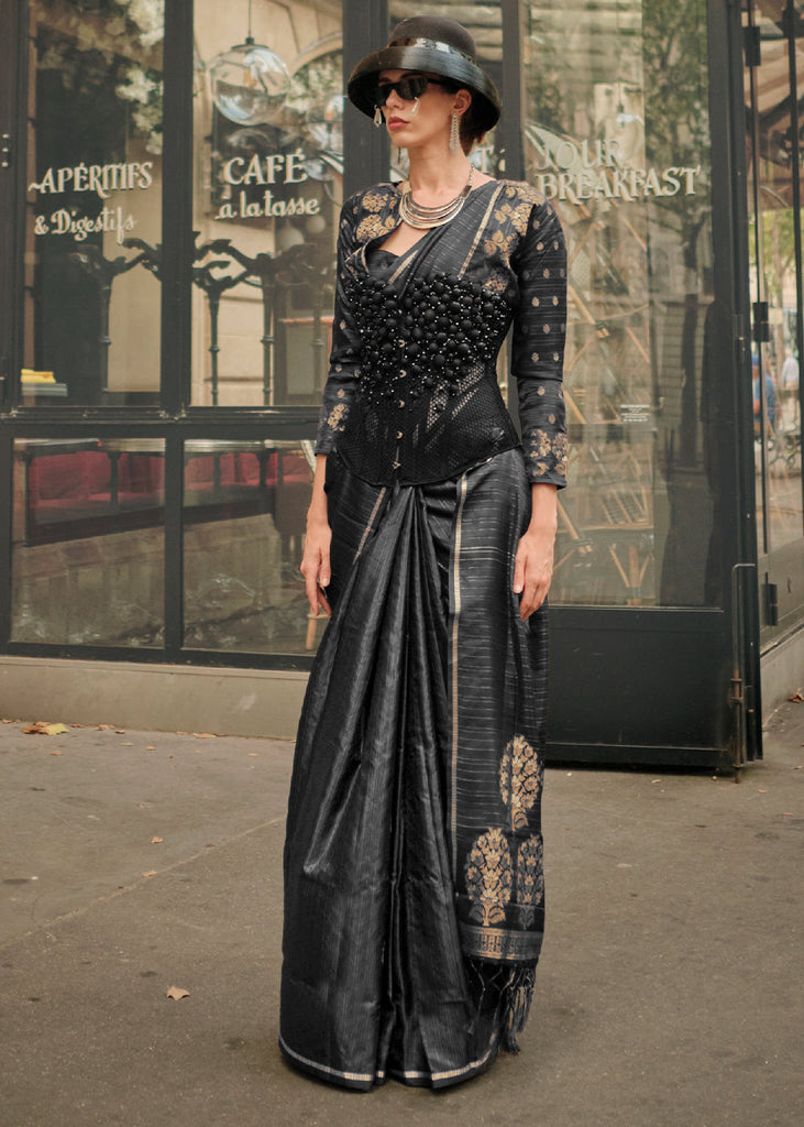 Pitch Black Zari Handloom Woven Satin Silk Saree Clothsvilla