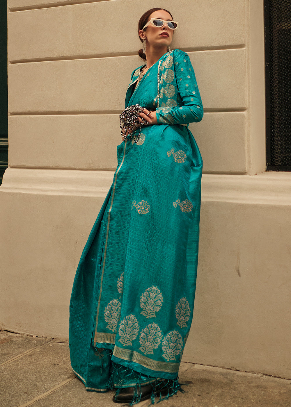 Dark Cyan Green Zari Handloom Woven Satin Silk Saree Clothsvilla