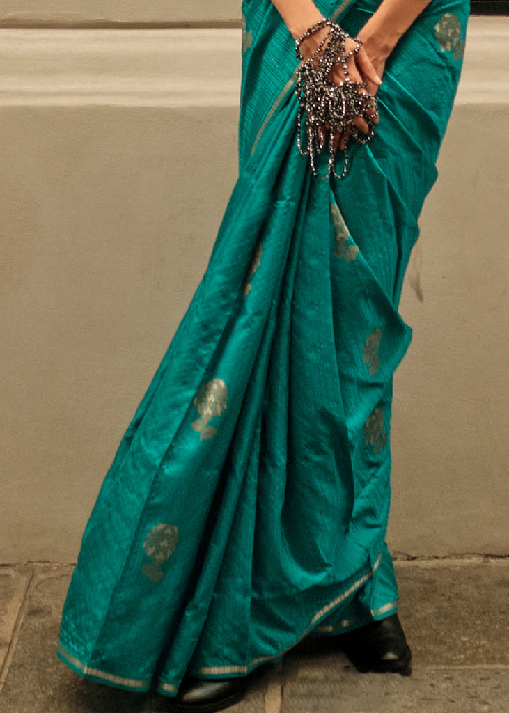 Dark Cyan Green Zari Handloom Woven Satin Silk Saree Clothsvilla