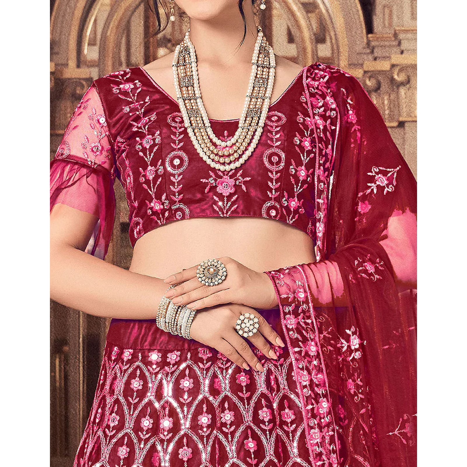 Maroon Thread and Foil Mirror Cutwork Lehenga choli ClothsVilla