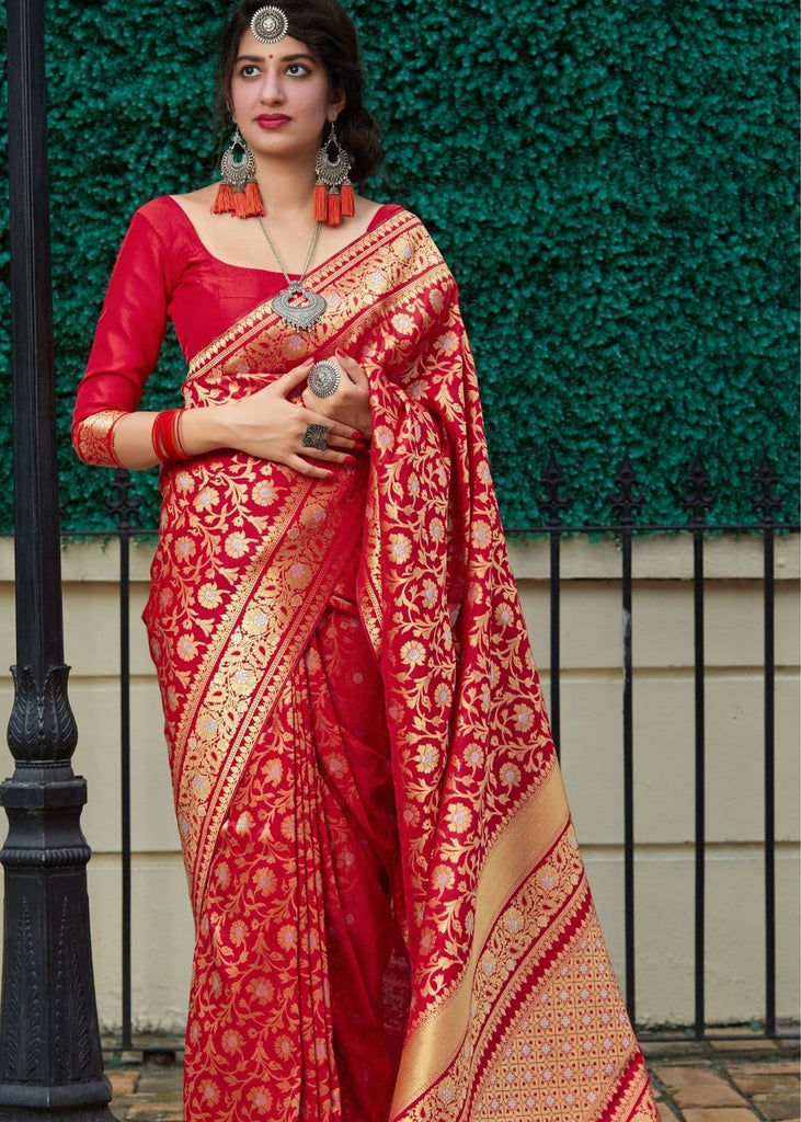 Cherry Red Banarasi Silk Saree with Floral  Zari work Clothsvilla