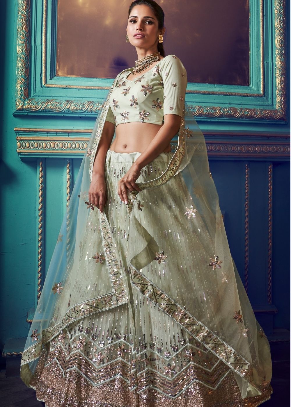 Pistachio Green Designer Soft Net Lehenga Choli with Sequin and Thread work Clothsvilla