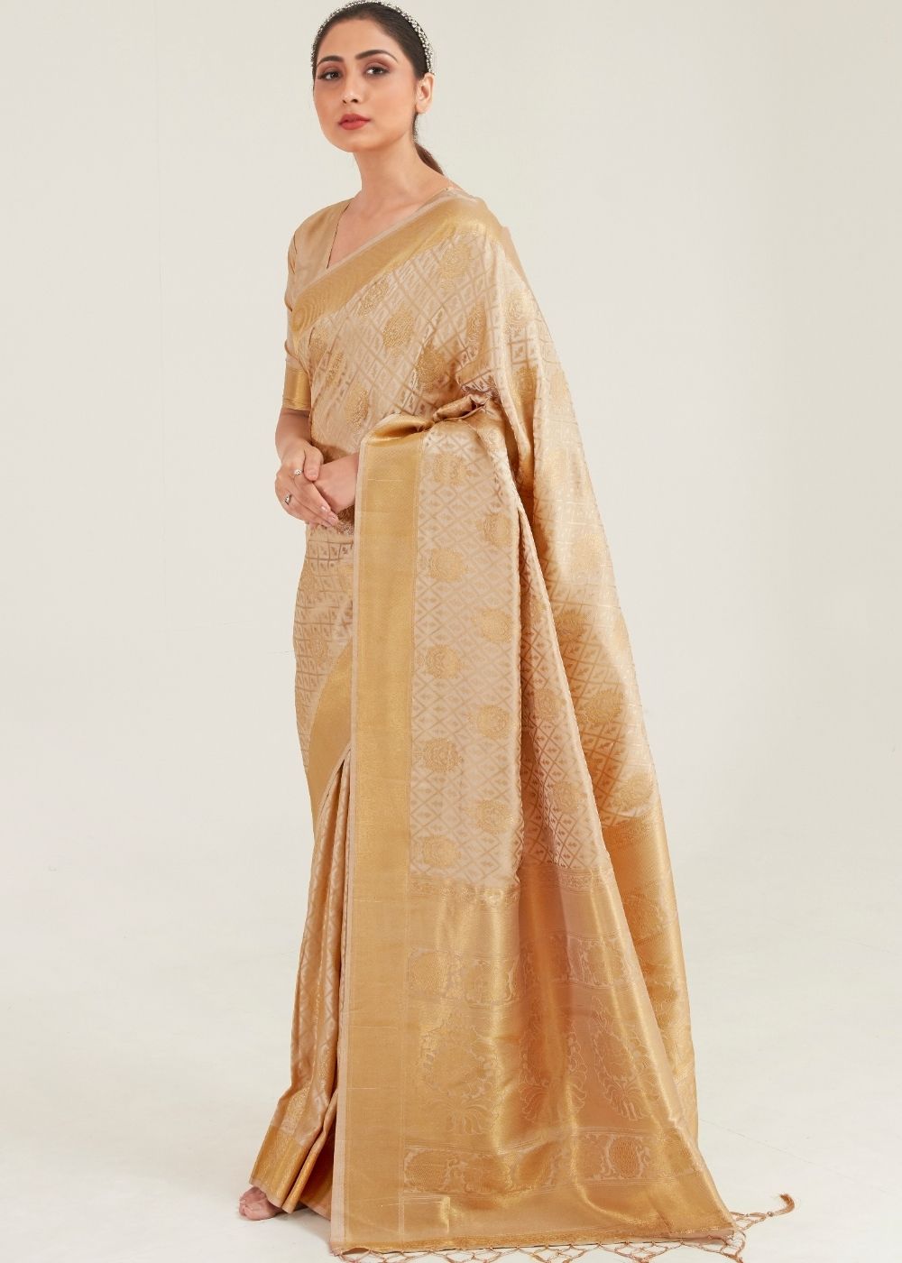 Beige Golden Zari Butta Woven Banasari Silk Saree Clothsvilla Main image