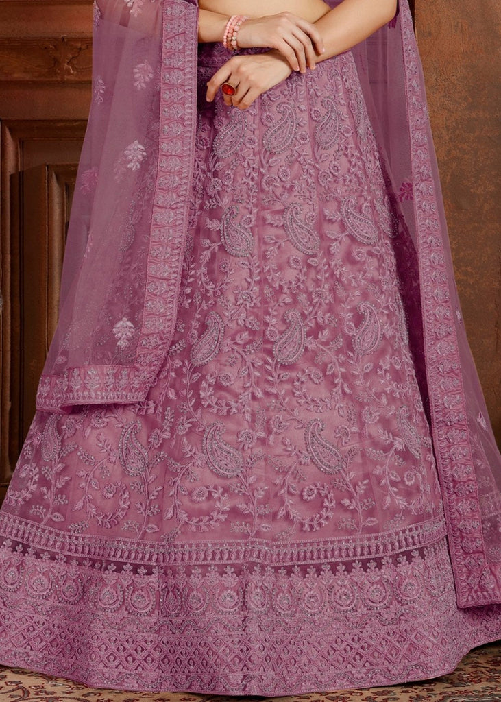 Mauve Purple Soft Net Lehenga Choli with Thread, Zarkan & Pearl work Clothsvilla