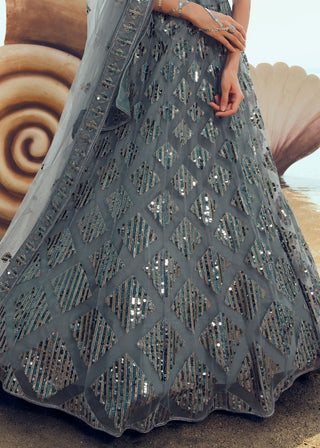 Anchor Grey Soft Net Designer Lehenga Choli with overall Sequins and Thread work(Pre-Order) Clothsvilla