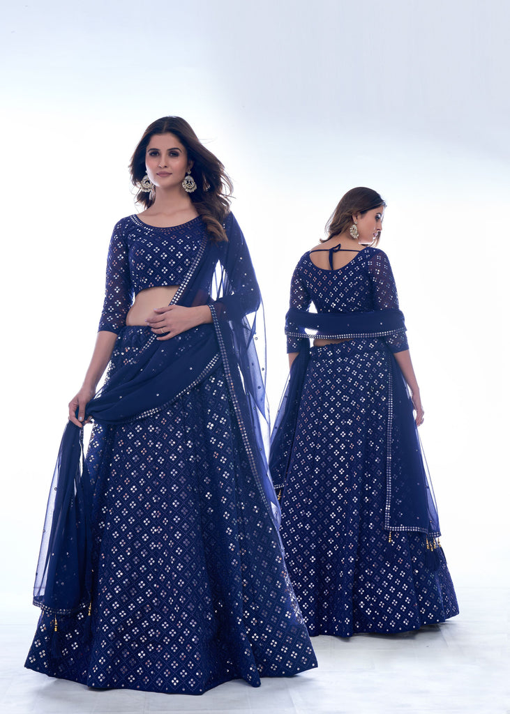 Navy Blue Color Thread Work With Georgette Lehenga Choli |Wedding Wear Clothsvilla