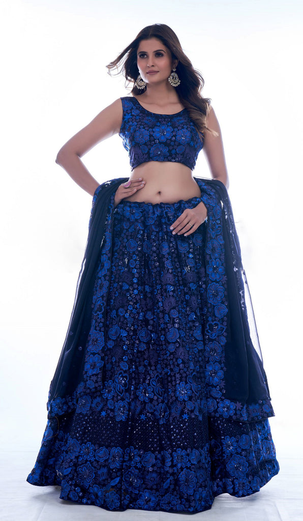 Navy Blue Color Thread Work With Georgette Lehenga Choli |Wedding Wear Clothsvilla