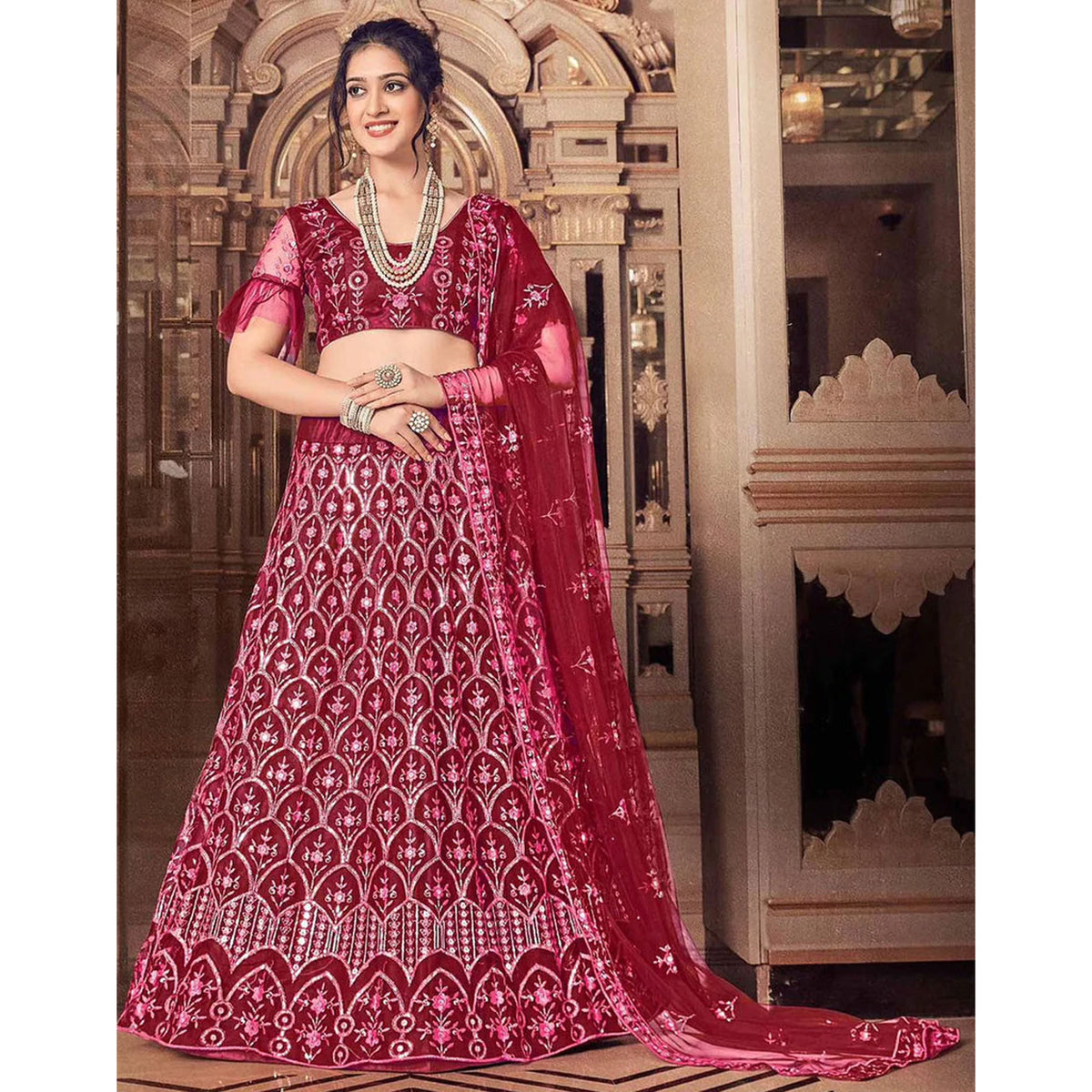 Maroon Thread and Foil Mirror Cutwork Lehenga choli ClothsVilla Main image