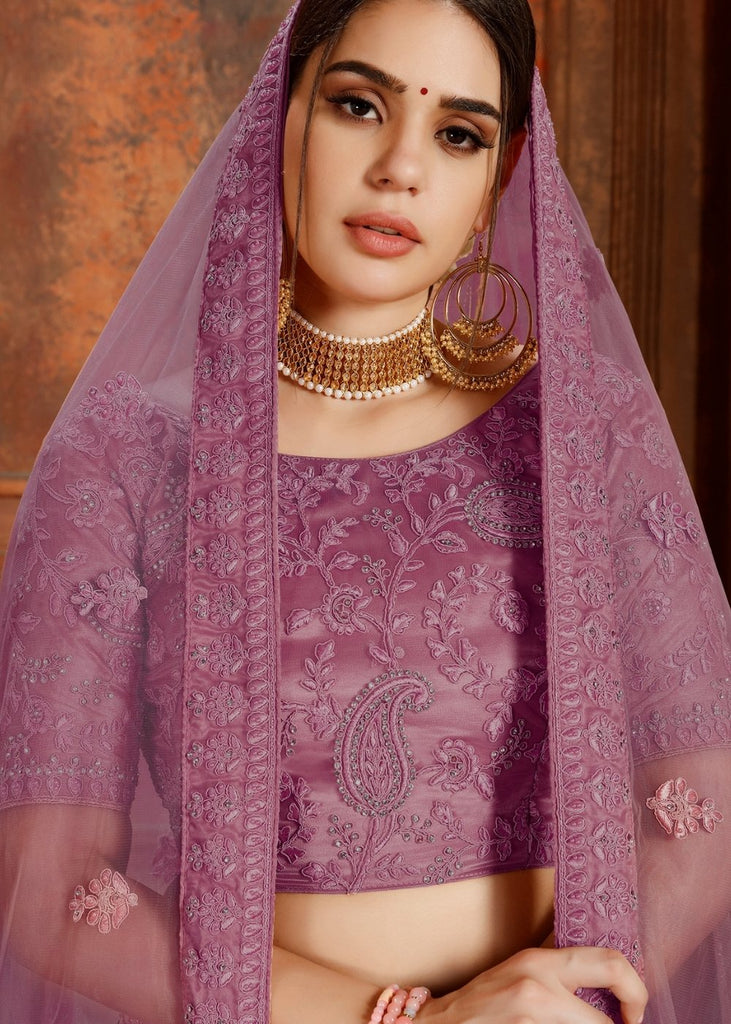 Mauve Purple Soft Net Lehenga Choli with Thread, Zarkan & Pearl work Clothsvilla