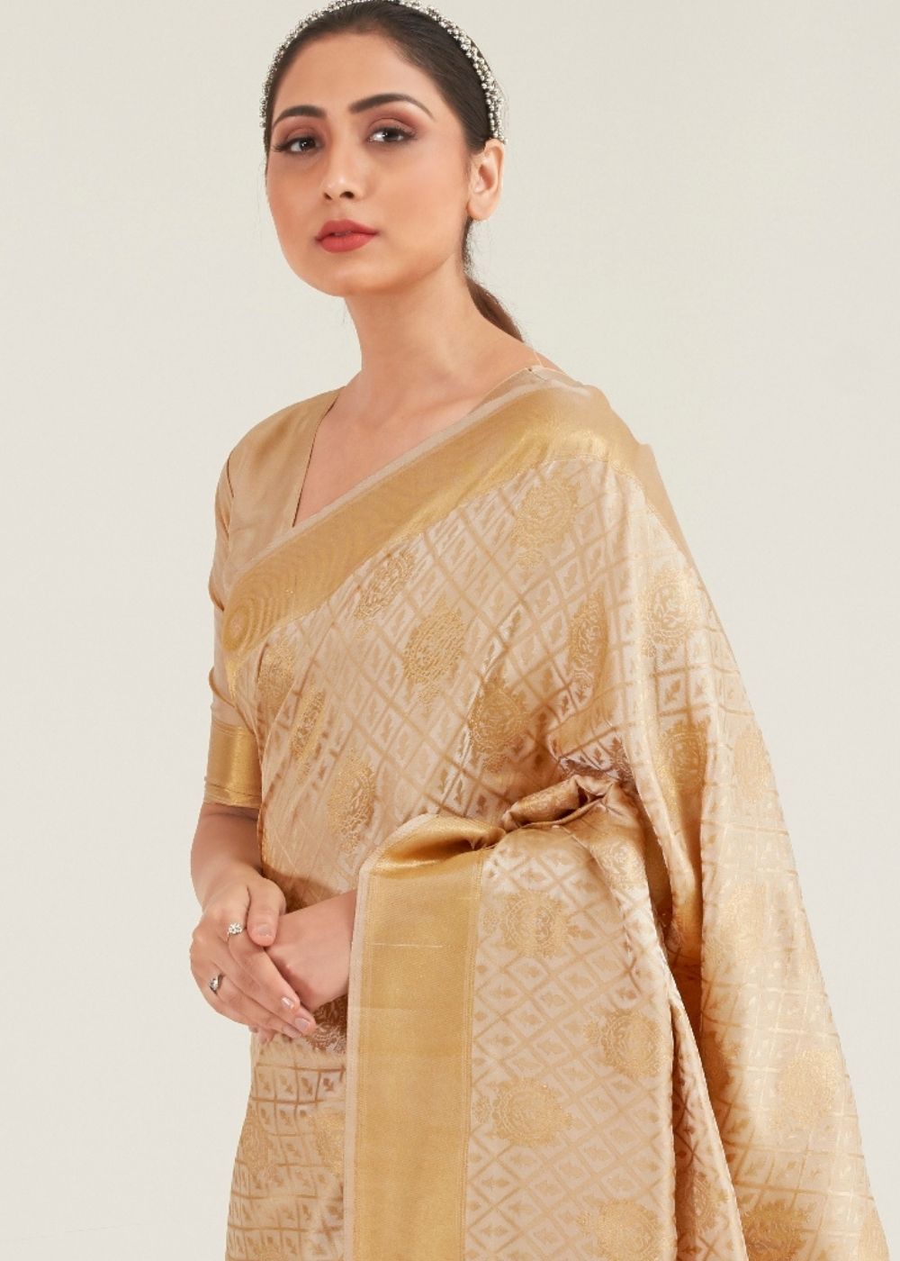 Beige Golden Zari Butta Woven Banasari Silk Saree Clothsvilla
