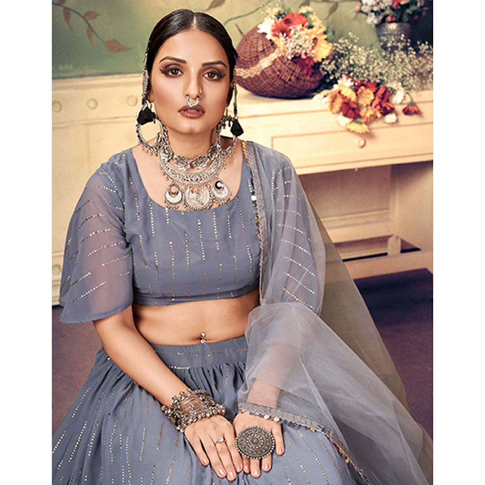 Jet Grey Georgette Fabrics Lehenga choli ClothsVilla