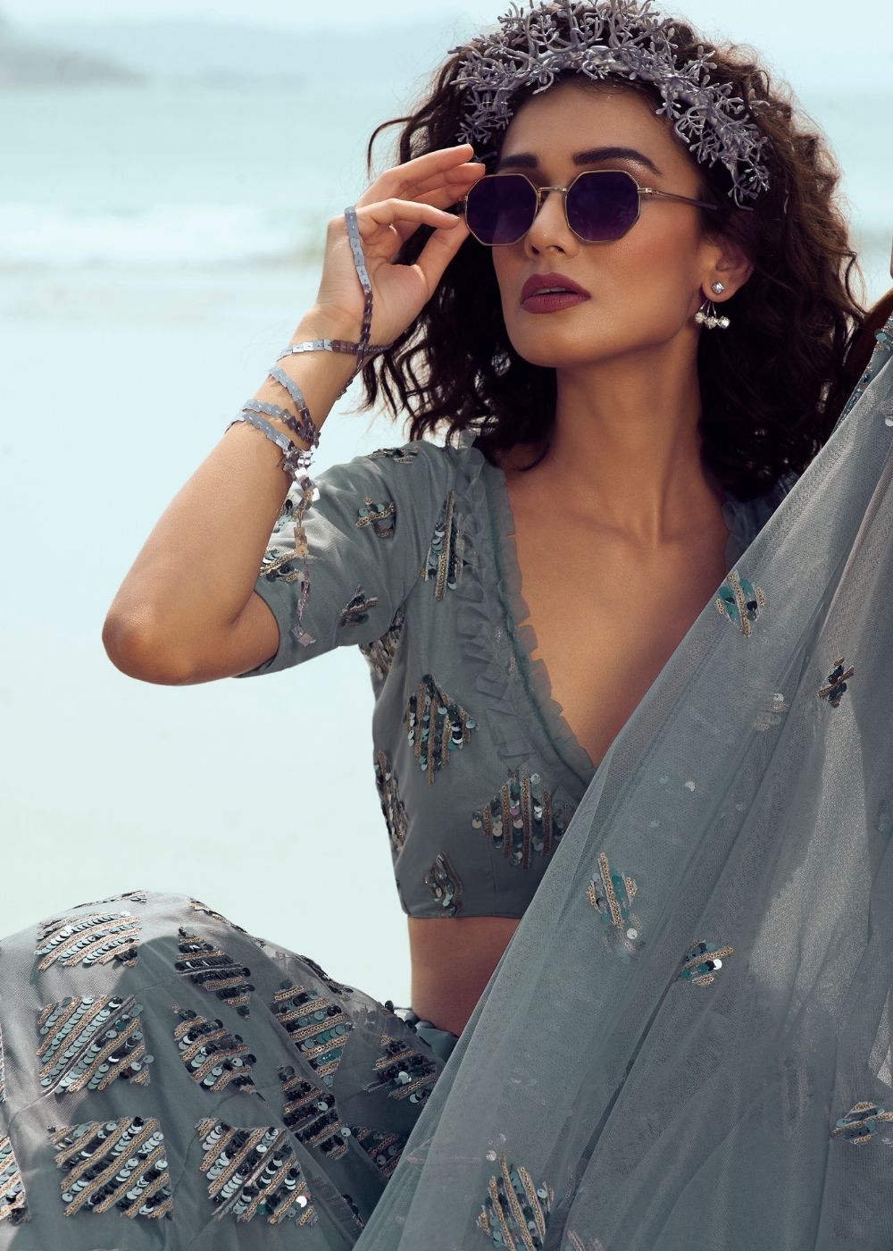 Anchor Grey Soft Net Designer Lehenga Choli with overall Sequins and Thread work(Pre-Order) Clothsvilla