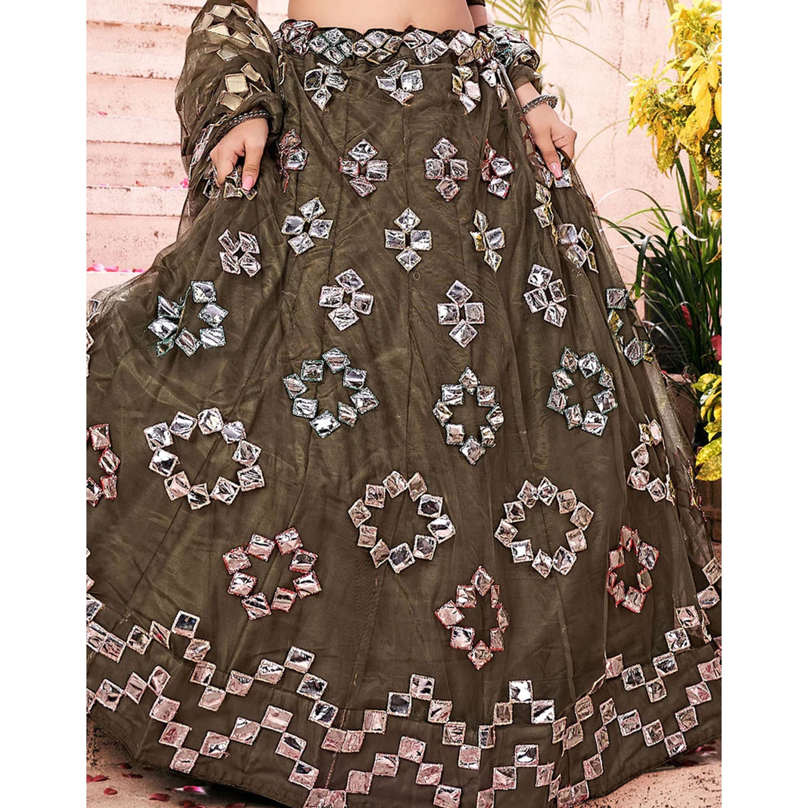 Dark Green Foil Mirror and Thread Work Lehenga choli ClothsVilla