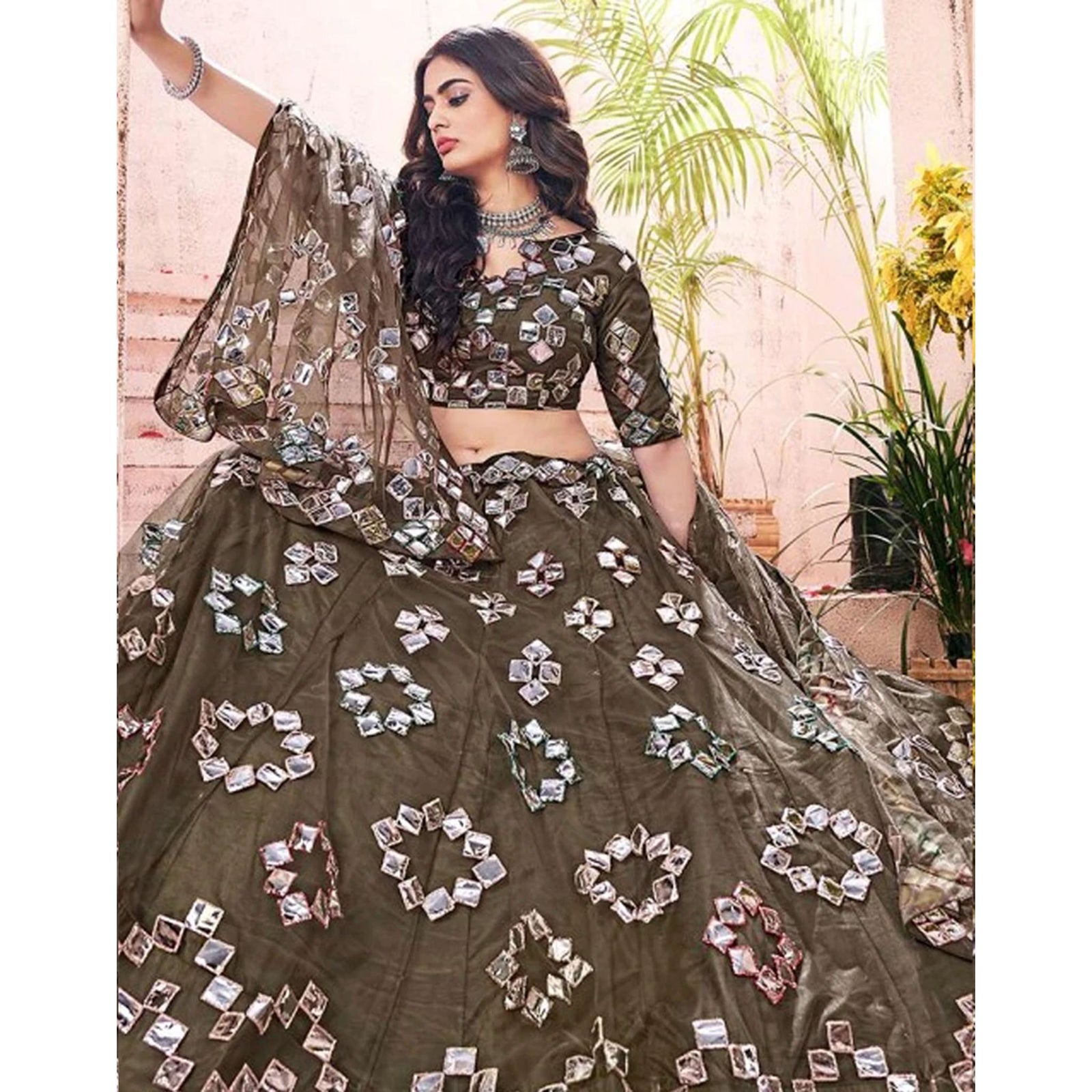 Dark Green Foil Mirror and Thread Work Lehenga choli ClothsVilla