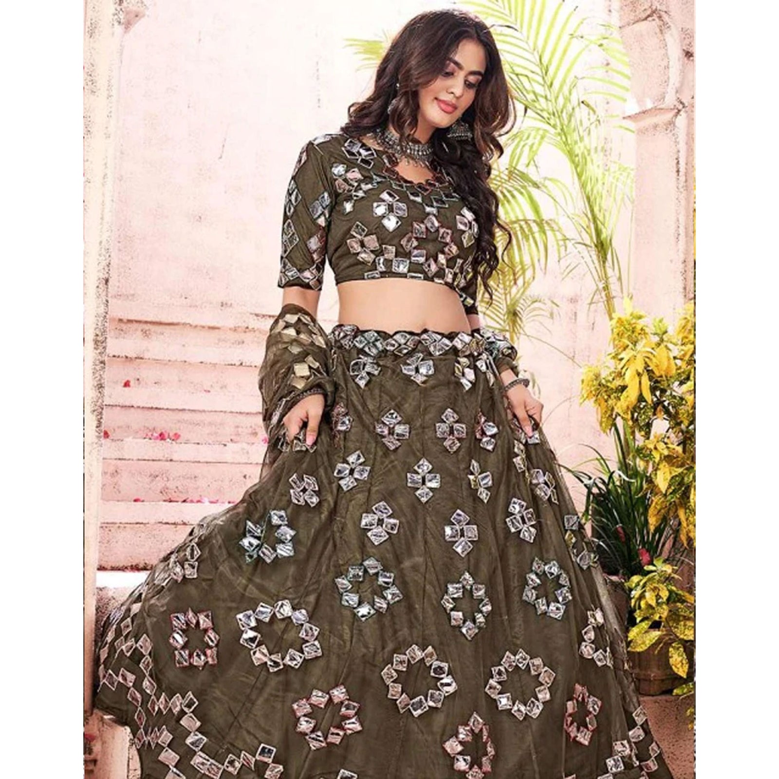 Dark Green Foil Mirror and Thread Work Lehenga choli ClothsVilla