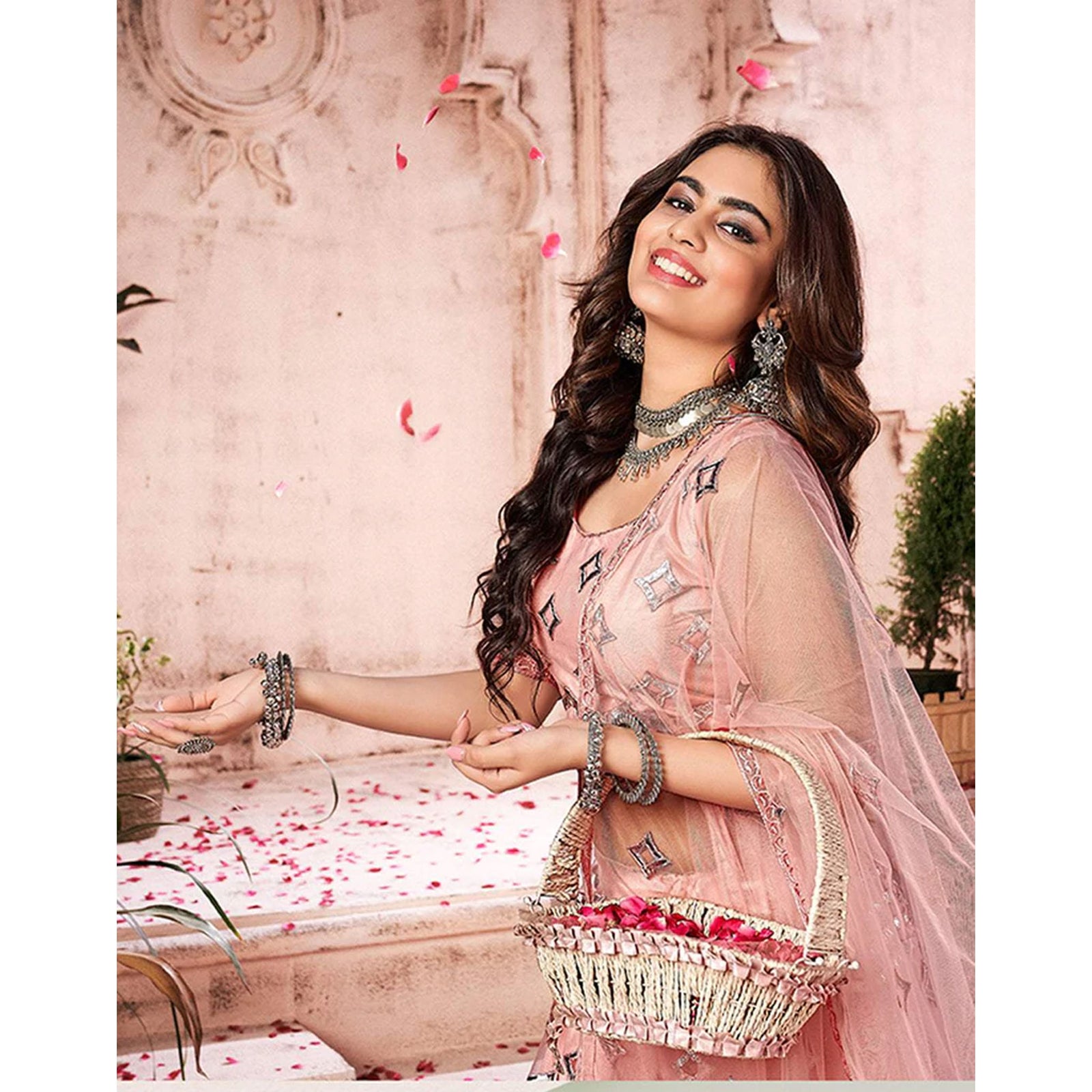 Light Peach Foil Mirror and Thread Work Lehenga choli ClothsVilla
