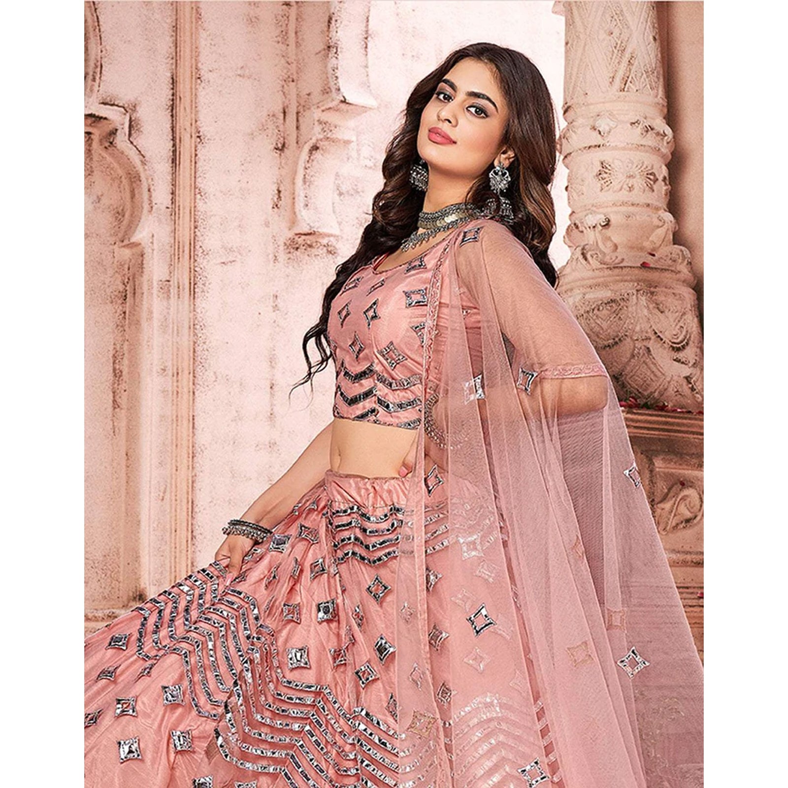 Light Peach Foil Mirror and Thread Work Lehenga choli ClothsVilla