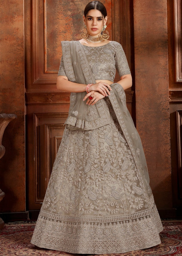Umber Brown Soft Net Lehenga Choli with Thread, Zarkan & Pearl work Clothsvilla