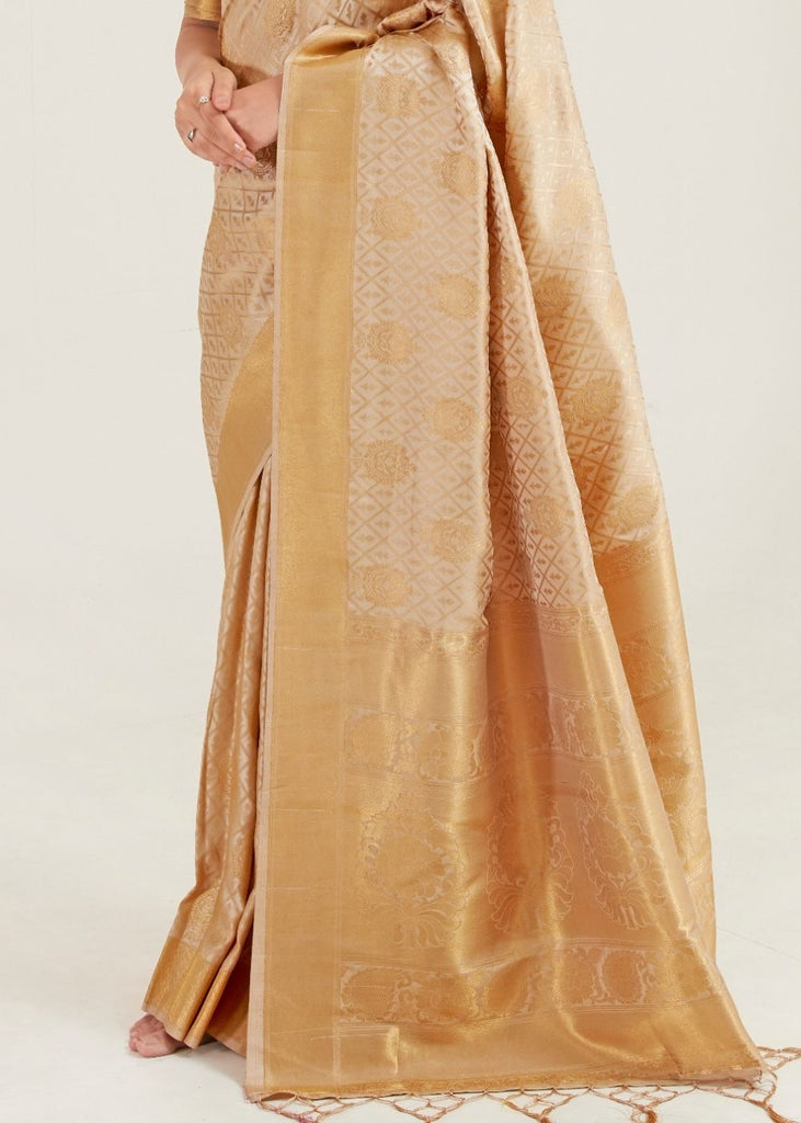Beige Gold Kanjivaram Silk Saree With Peacock-Floral Weaving | Singhania's