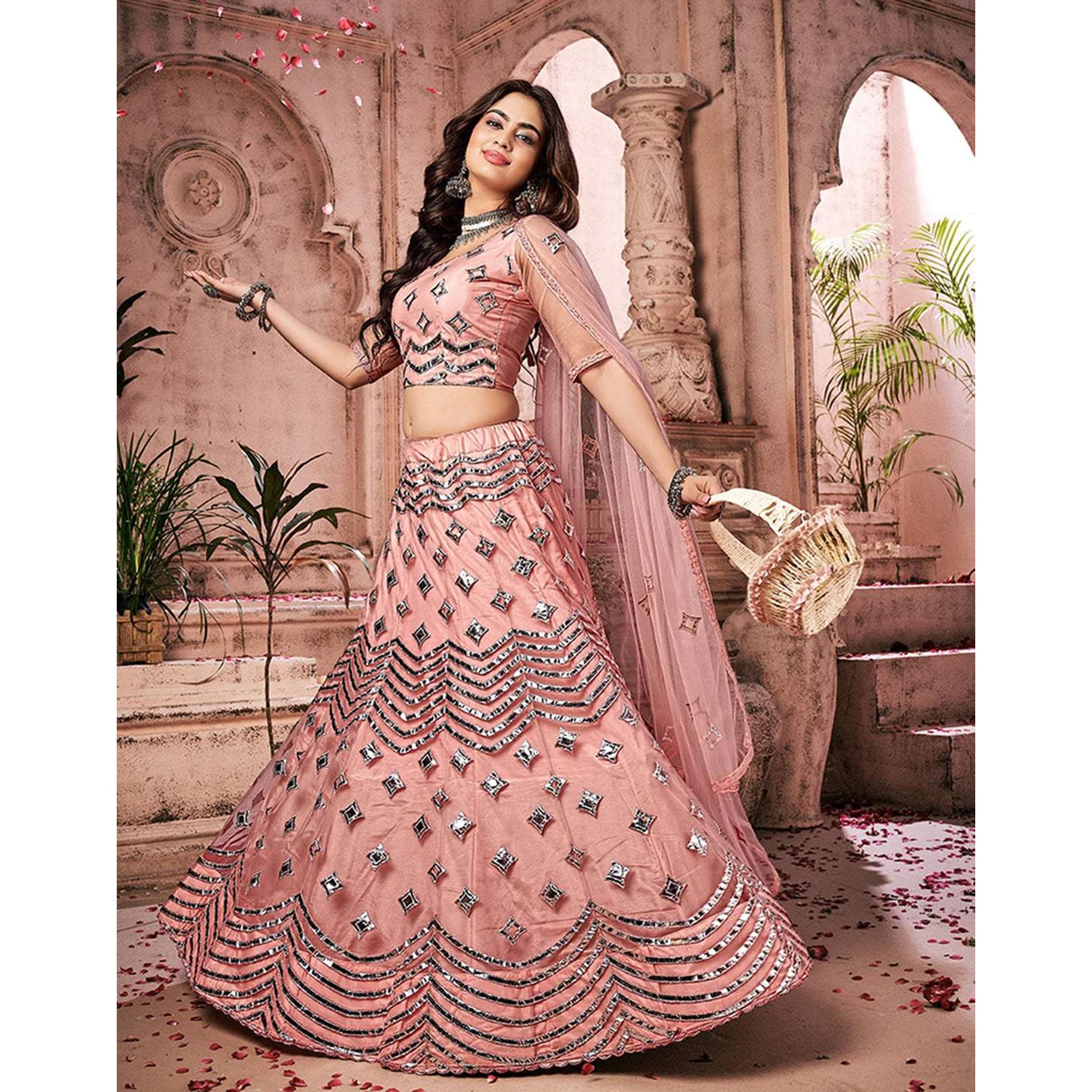 Pink Mirror work Lehenga – South India Fashion