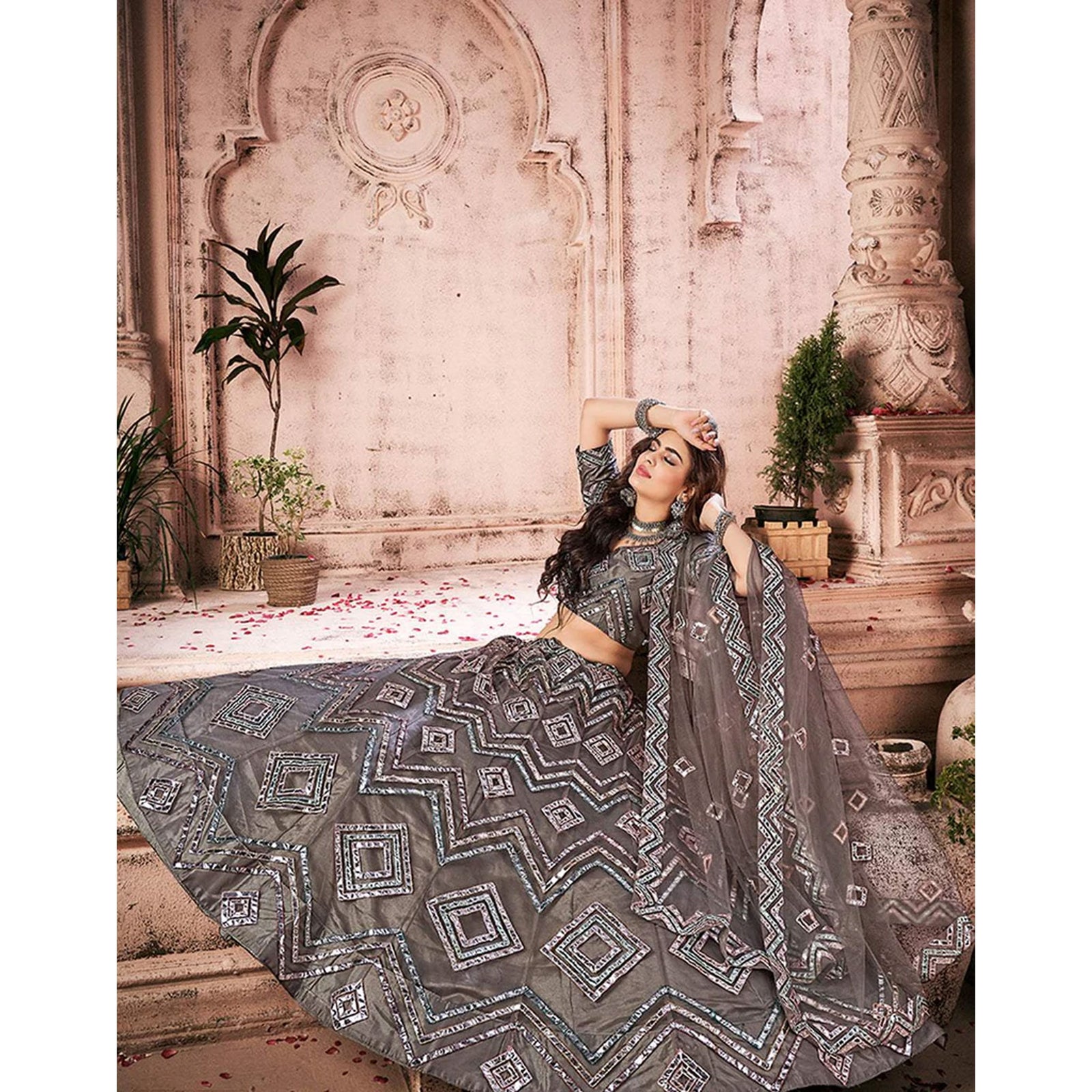 Grey heavy Foil Mirror and Thread Work Lehenga choli ClothsVilla