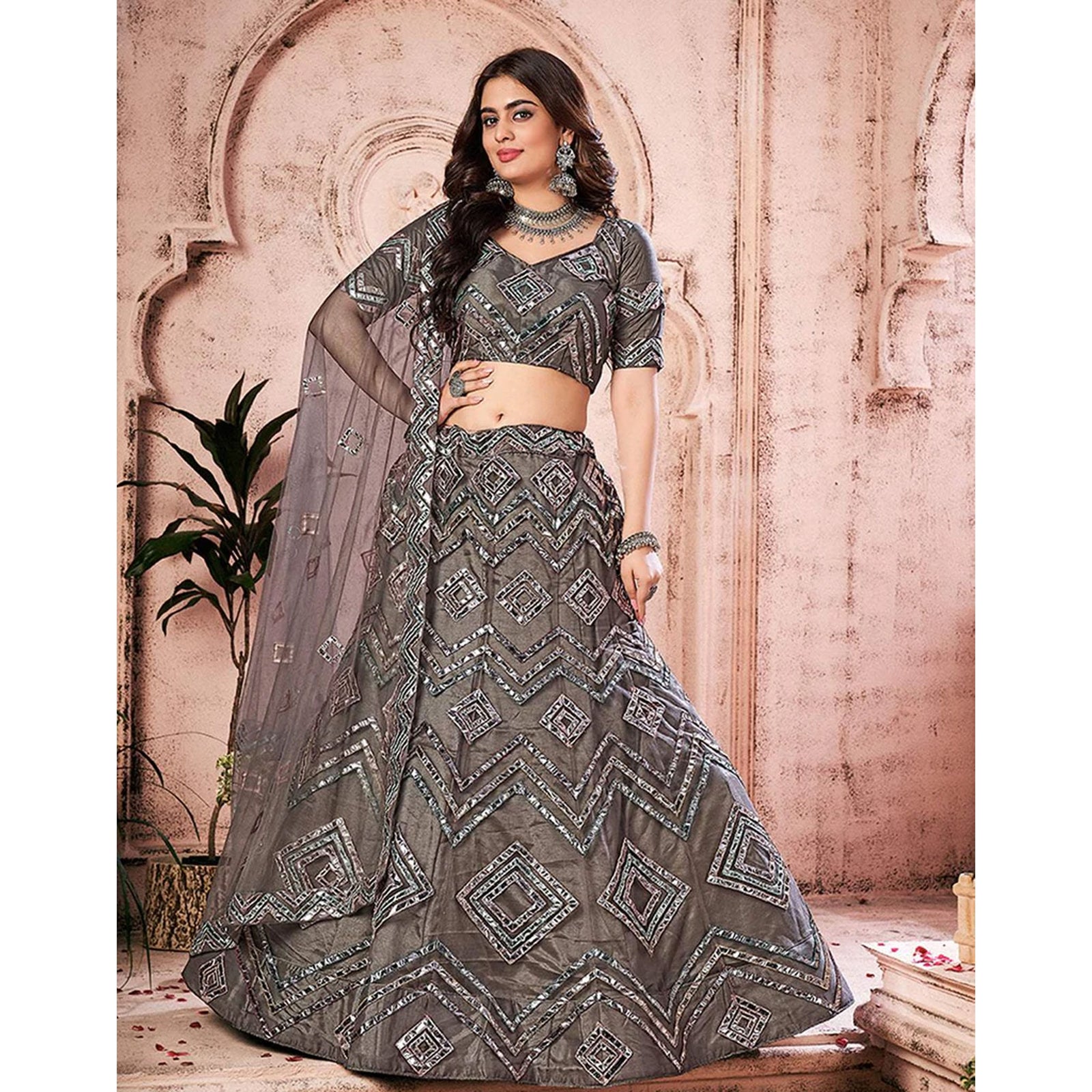 Grey heavy Foil Mirror and Thread Work Lehenga choli ClothsVilla