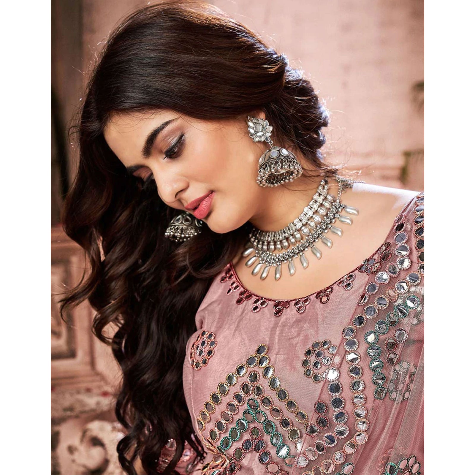 Dark Peach Foil Mirror and Thread Work Lehenga choli ClothsVilla