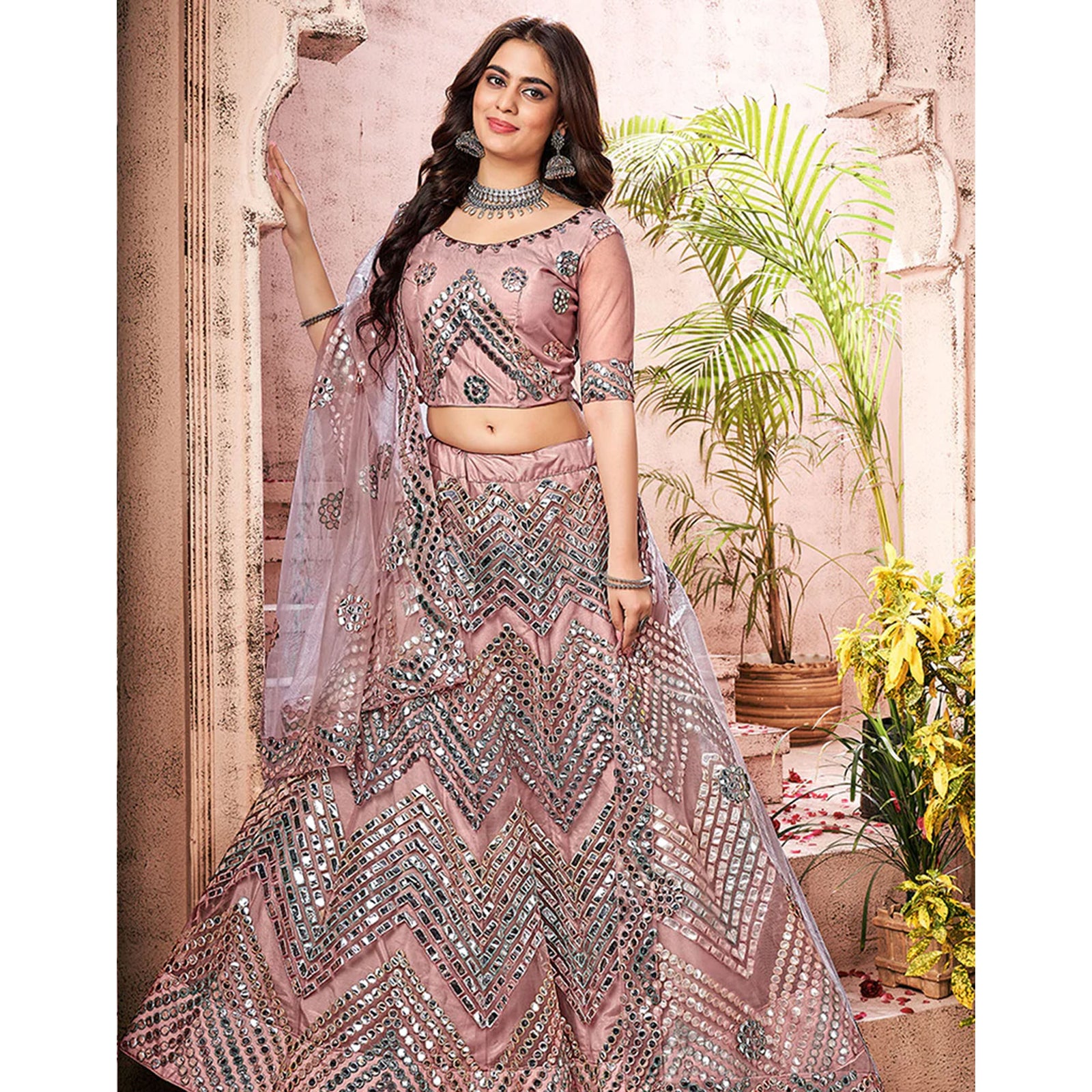 Dark Peach Foil Mirror and Thread Work Lehenga choli ClothsVilla