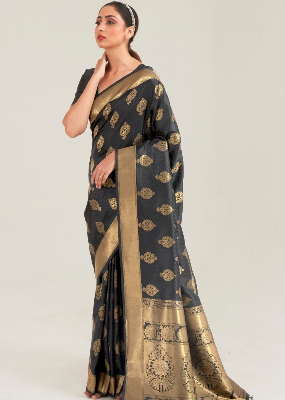 Pebble Grey Zari Butta Woven Banasari Silk Saree Clothsvilla Main image